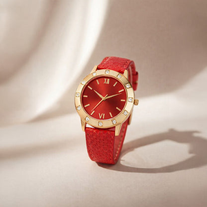 Crimson Grace Red Dial Gold-Tone Women Watch