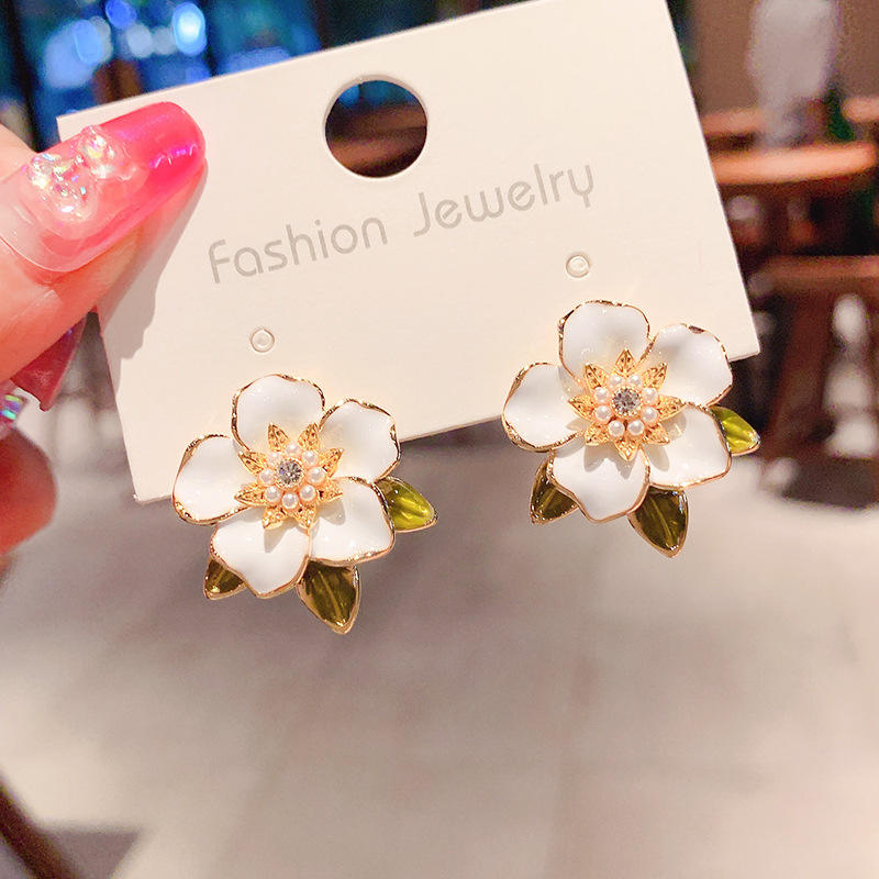Pearl Leaf Flower Enamel Drop Earrings