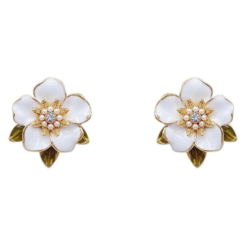 Pearl Leaf Flower Enamel Drop Earrings