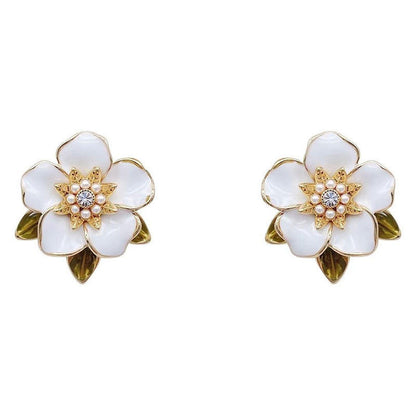 Pearl Leaf Flower Enamel Drop Earrings
