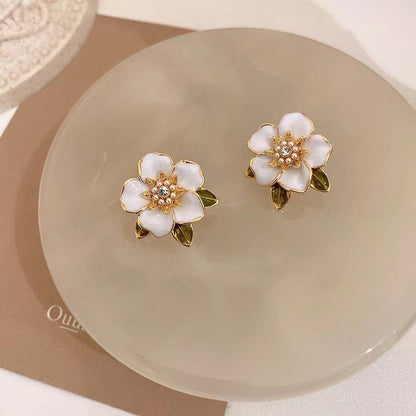 Pearl Leaf Flower Enamel Drop Earrings