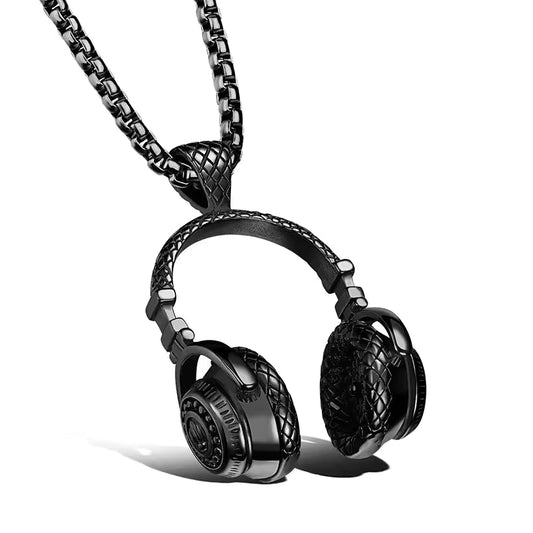 Punk Black Headphone Pendant Necklace for Men Silvish