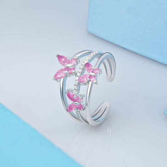 Silver Tri Pink Butterfly  Ring
