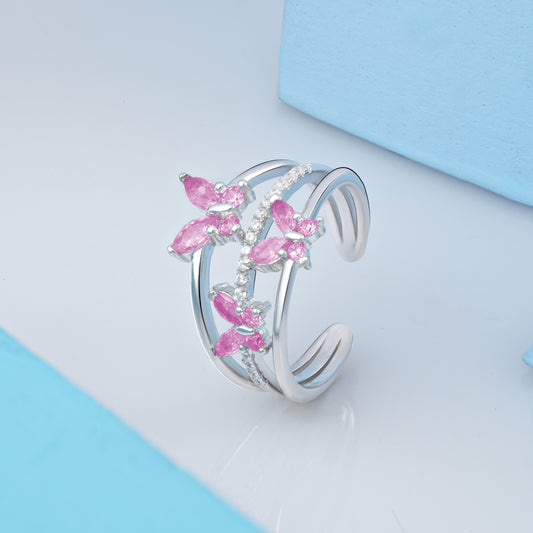 Tri Pink Butterfly Silver Ring