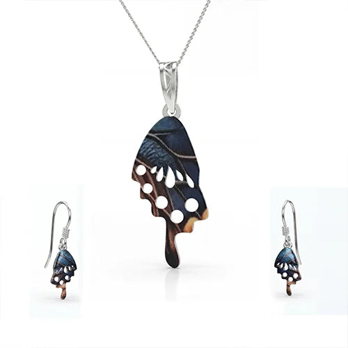 Midnight Wing Enamel Pendant & Earring Set (925 Sterling Silver)